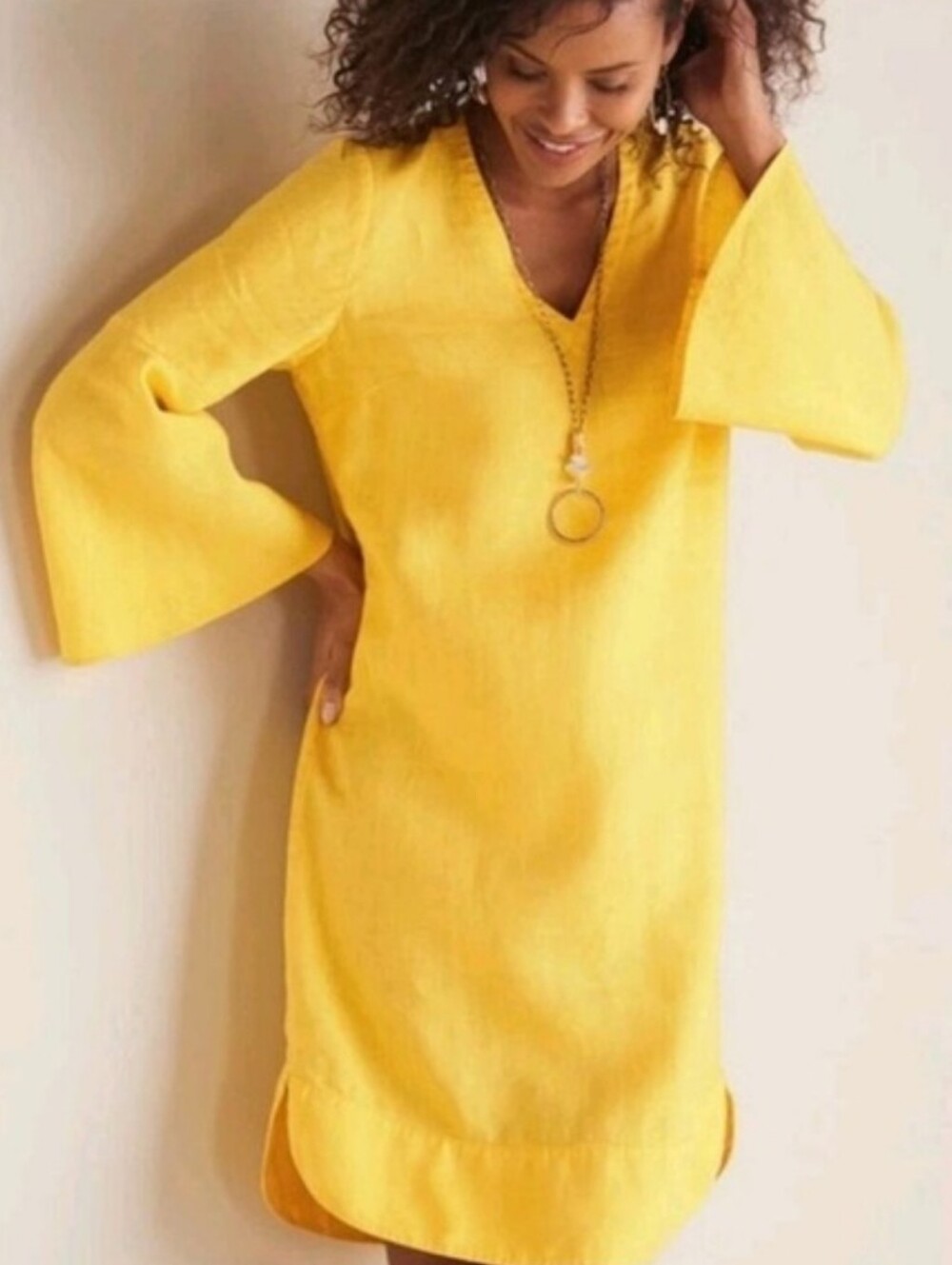 Soft Surroundings milano linen shift tunic dress medium bright yellow sunstruck